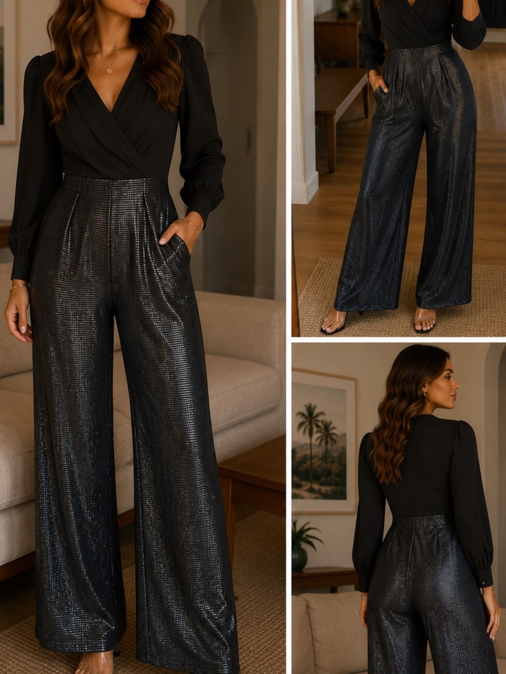Black Metallic Wide Leg Jumpsuit Wrap V Neck Long Sleeve -  Size M